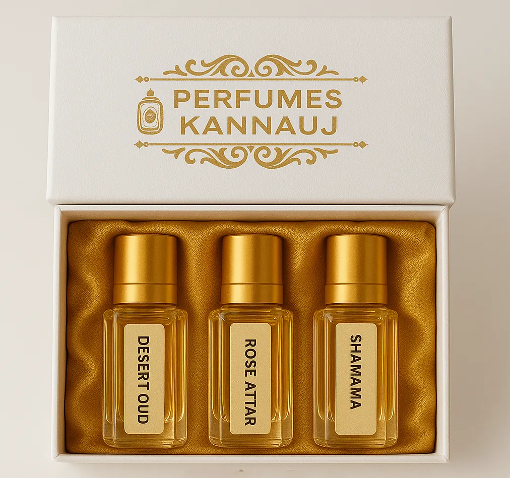 3 Attar Gift Set – Desert Oud, Rose Attar & Shamama | Perfumes Kannauj