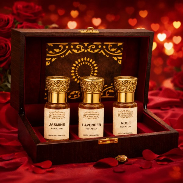 Kannauj Attar Gift Set | Rose, Jasmine & Lavender Ruh Attars