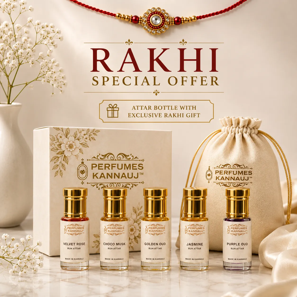 5 premium Attar Combo – Velvet Rose, Choco Musk, Golden Oud, Jasmine & Purple Oud